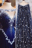 Dark Blue Prom Dresses A-line Sweep Train Chic Prom Dress Sparkly Modest Evening Dress SED489|Selinadress