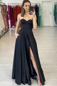 Black Satin A Line Long Prom Dress Sweetheart Floor Length Evening Dresses MLSD012