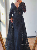 Long Sleeve V neck Burgundy Long Prom Dress Lace Beaded Evening Formal Gown SC031|Selinadress