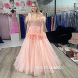 Blush Pink Spring Prom Dress A-line 3D Feather Lace Long Prom Dress Formal Gowns JKSS020|Selinadress