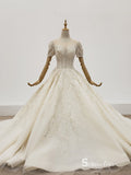 Selinadress Scoop Short Sleeve Luxury Wedding Dress Sparkle  illusion Wedding Gowns CB018