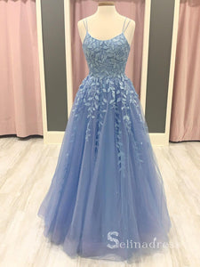 Chic Blue Spaghetti Straps Long Prom Dresses Embroidery Applique Formal Gowns CBD054