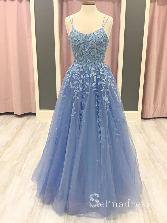Chic Blue Spaghetti Straps Long Prom Dresses Embroidery Applique Formal Gowns CBD054
