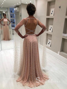 Chic A-line Scoop Long Prom Dresses Pink Pearl Evening Dress CBD068