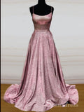 Chic A-line Spaghetti Straps Dark Navy Long Prom Dresses Sparkly Evening Dress CBD282|Selinadress
