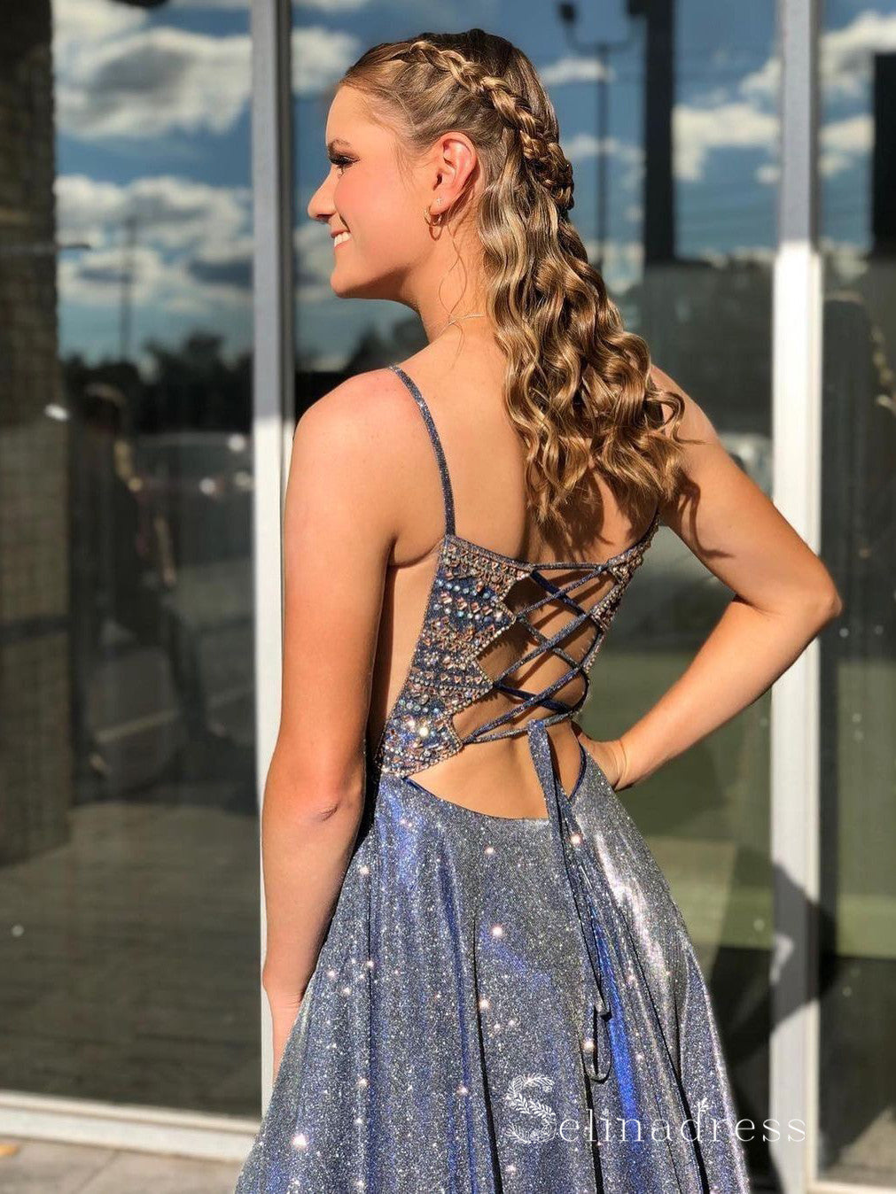 Chic A-line Spaghetti Straps Dark Navy Long Prom Dresses Beaded Evenin SELINADRESS Chic A-line Spaghetti Straps Dark Navy Long Prom Dresses Beaded Evenin SELINADRESS