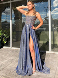 Chic A-line Spaghetti Straps Dark Navy Long Prom Dresses Beaded Evening Dress CBD303|Selinadress
