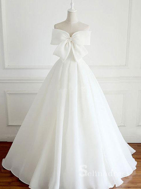 Chic A-line Starpless White Wedding Dresses WIth Big Bow Bridal Gowns CBD412|Selinadress