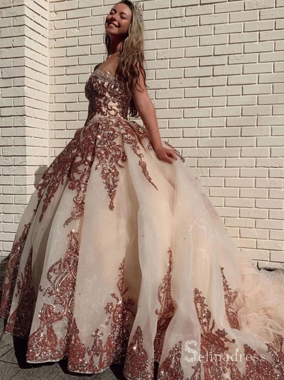 A-line Sweetheart Applique Long Prom Dresses Quinceanera Dress CBD541|Selinadress
