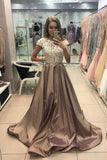 Cap Sleeves Long Prom Dress Satin Lace Appliques Formal Gown FD016