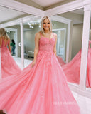 Chic A-line Spaghetti Straps Lace Pink Long Prom Dress Elegant Evening Dress #LOP811