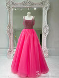 Chic A-line Straps Beaded Long Prom Dresses Fuchsia Evening Dresses MLH2010|Selinadress