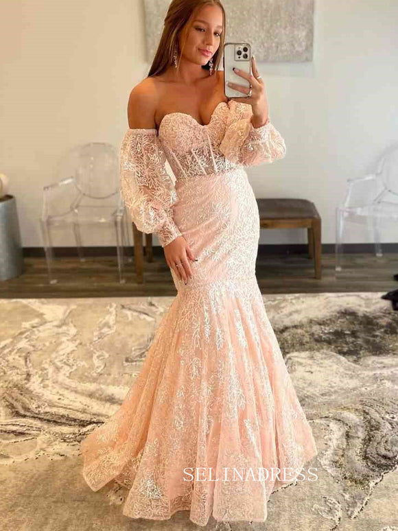 Chic Mermaid Sweetheart Light Sky Blue Long Prom Dresses Lace Formal Gowns JKSS02|Selinadress