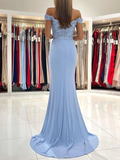 Chic Trumpet/Mermaid Off The Shoulder Light Sky Blue Lace Prom Dress Satin Evening Dress JKW219|Selinadress