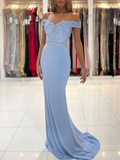 Chic Trumpet/Mermaid Off The Shoulder Light Sky Blue Lace Prom Dress Satin Evening Dress JKW219|Selinadress