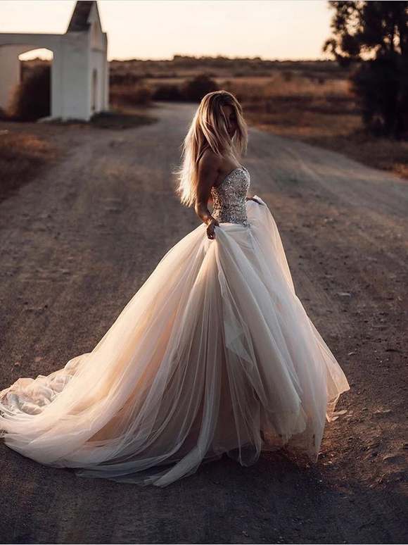 Chic A-line Sweetheart Tull Beading Amazing Rustic Wedding Dress SEW056|Selinadress