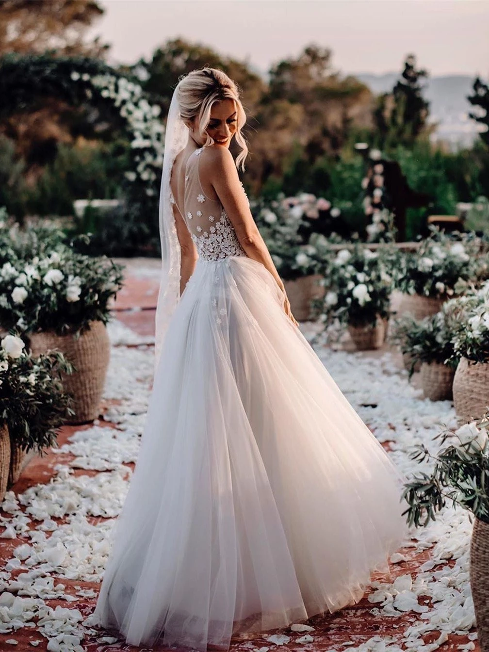 Chic A-line V neck See Through Court Train Rustic Wedding Dress SEW059 Chic A-line V neck See Through Court Train Rustic Wedding Dress SEW059