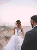 Chic A-line V neck See Through Floor Length Rustic Wedding Dress SEW060|Selinadress