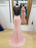 Chic Pink High Neck Fitted Long Prom Dress With Beads Long Formal Dress #SED163