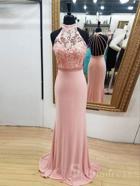 Chic Pink High Neck Fitted Long Prom Dress With Beads Long Formal Dress #SED163
