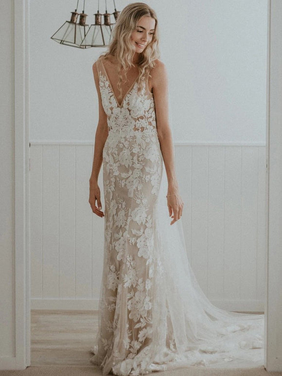 Chic Sheath/Column V neck Floral Lace Rustic Wedding Dress SEW061|Selinadress