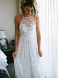 A-line Spaghetti Straps White Lace Rustice Wedding Dresses DR010|Selinadress