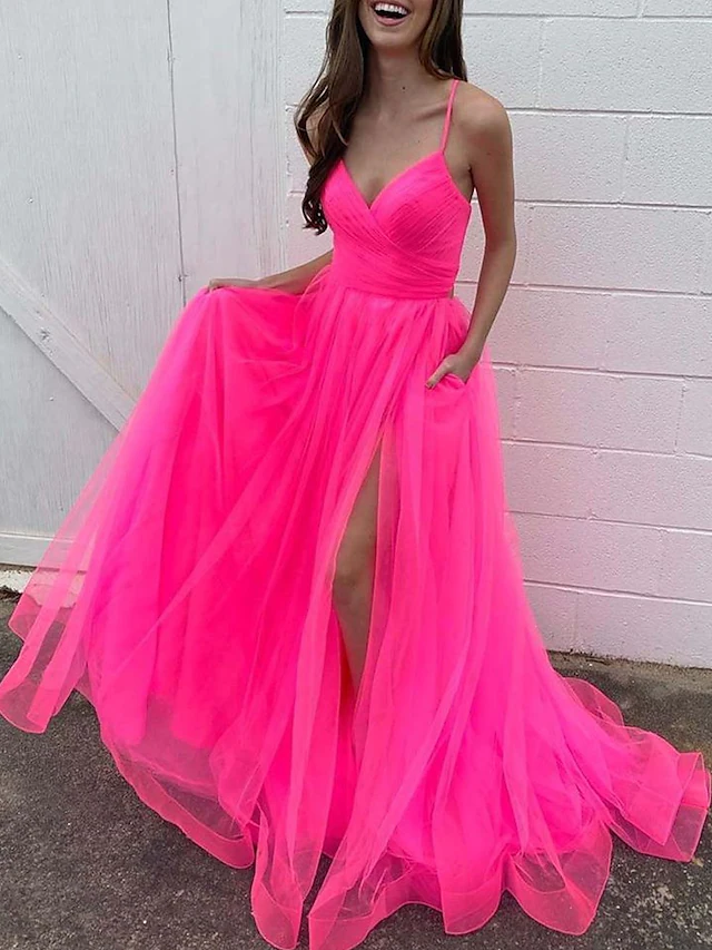 A-line Spaghetti Straps Hot Pink Pleated Long Prom Dress Evening Dress SELINADRESS A-line Spaghetti Straps Hot Pink Pleated Long Prom Dress Evening Dress SELINADRESS