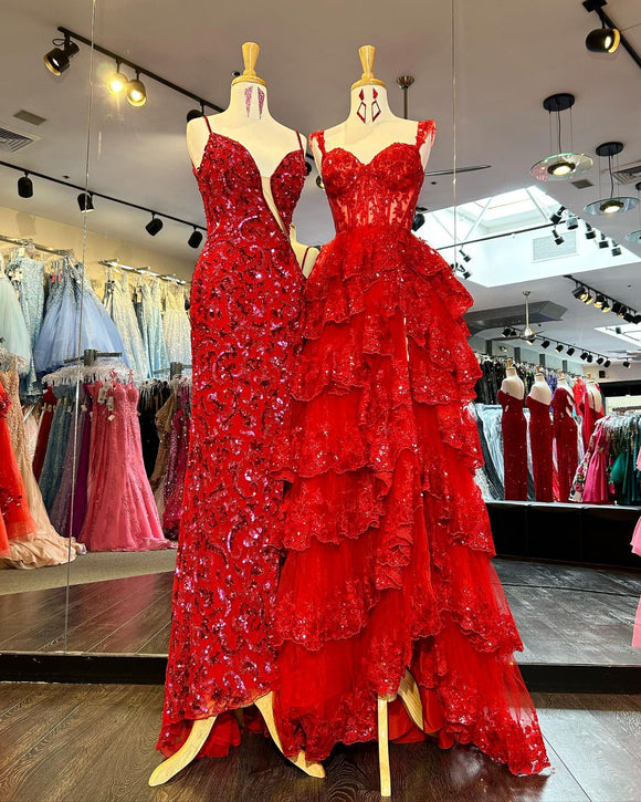 Various styles - red lace ball gown and A-line wedding/prom dress