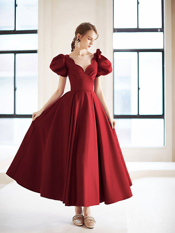 Simple v neck burgundy satin tea length prom dress burgundy evening dress