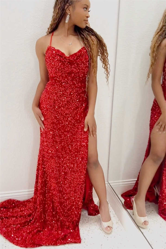 Red Halter Sequined Long Prom Dress with Slit ASSD003