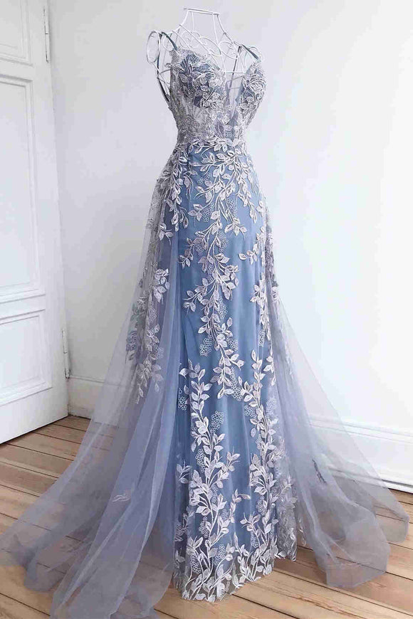 Stunning Dsuty Blue Tulle Long Formal Dress with Appliques ASSD004
