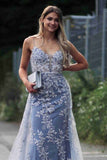 Stunning Dsuty Blue Tulle Long Formal Dress with Appliques ASSD004