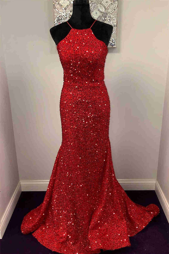 Red Halter Sequined Long Prom Dress with Lace Up Back ASSD010|Selinadress