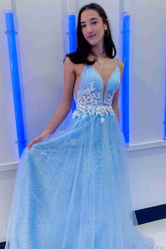 Princess A-Line Light Blue Long Formal Dress with Appliques ASSD009|Selinadress