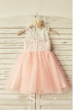 Scoop Neck Lace Pearl Pink Flower Girl Dresses GRS002