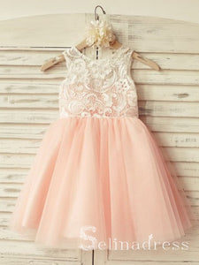 Scoop Neck Lace Pearl Pink Flower Girl Dresses GRS002