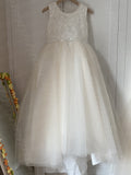Cute Champagne Lace Princess Long Train Flower Girl Dresses With Bowknot GRS032