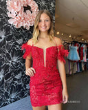 Glittery Red Sequins Homecoming Dresses 2022 Off-the-shoulder Cocktail Dresses #TKL006|Selinadress