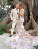 Chic Mermaid Scoop Short Sleeve 3D Floral Lace Rustic Wedding Dress HKL0144|Selinadress