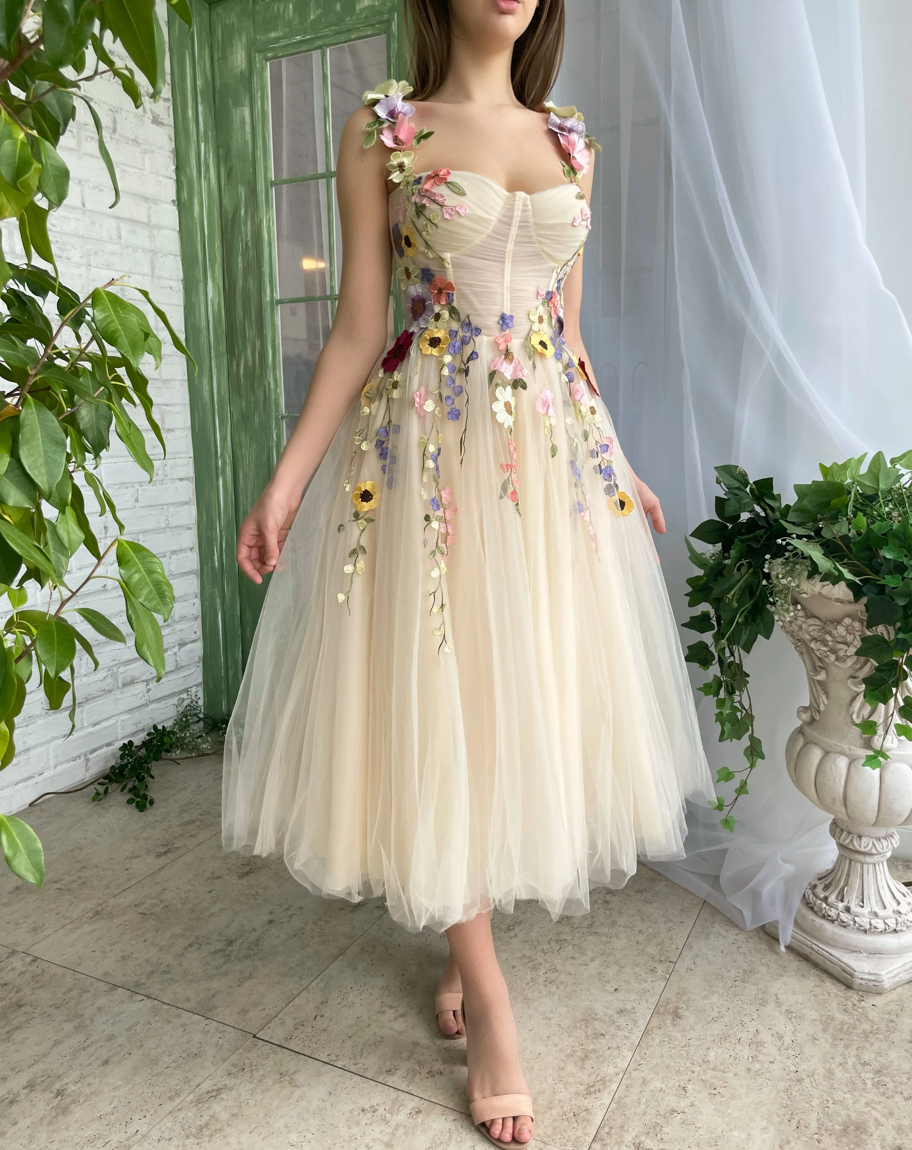 A-line Champagne Tea Length Prom Dress With Flower Cheap Evening Dress SELINADRESS A-line Champagne Tea Length Prom Dress With Flower Cheap Evening Dress SELINADRESS