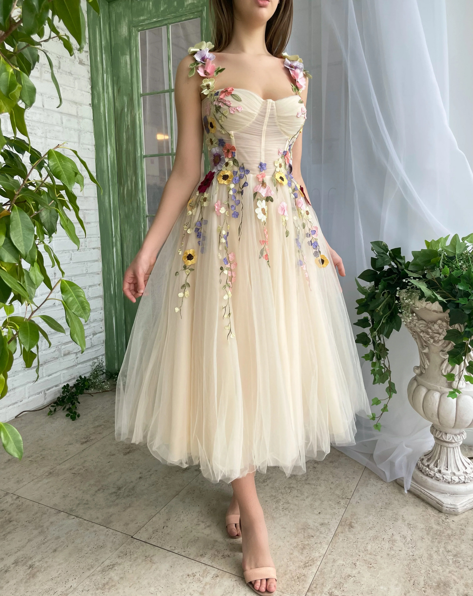 A line Champagne Tea Length Prom Dress With Flower Cheap Evening