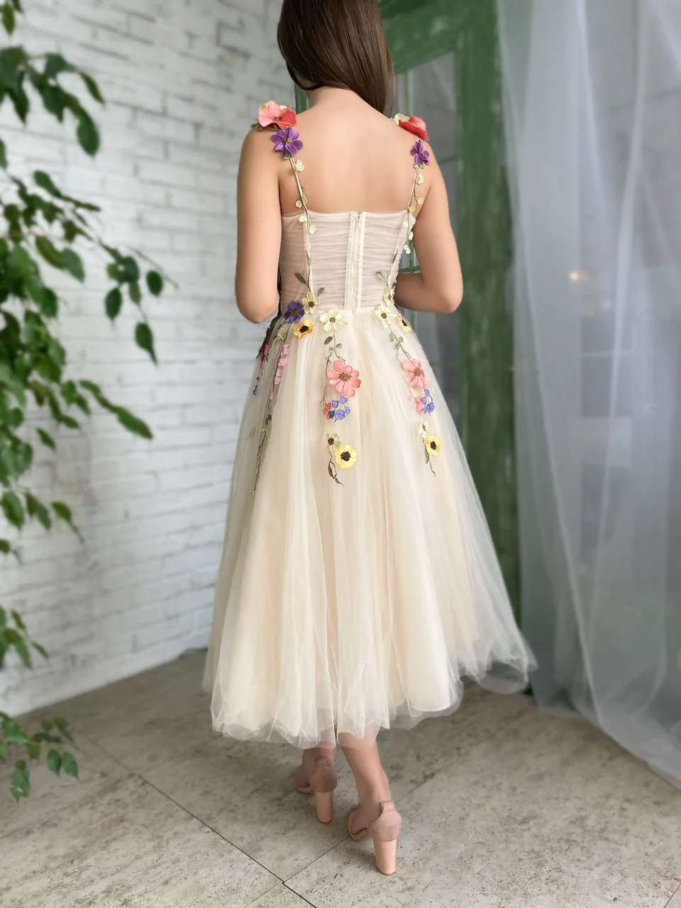 A-line Champagne Tea Length Prom Dress With Flower Cheap Evening Dress SELINADRESS A-line Champagne Tea Length Prom Dress With Flower Cheap Evening Dress SELINADRESS
