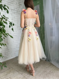 A-line Champagne Tea Length Prom Dress With Flower Cheap Evening Dresses HLK017