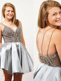 Sexy Homecoming Dress Spaghetti Straps Rhinestone Silver Short Prom Dress Party Dress JK424