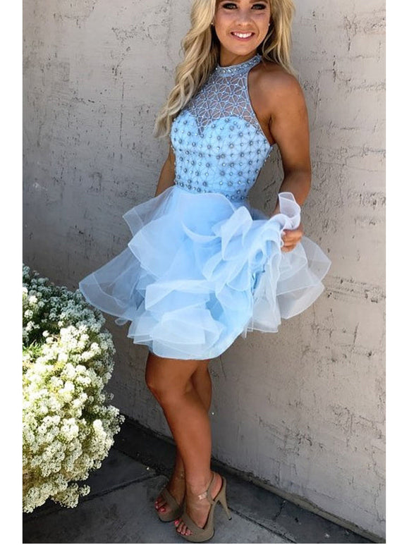 Sexy Homecoming Dress A-line Halter Rhinestone Light Sky Blue Short Prom Dress Party Dress JK525