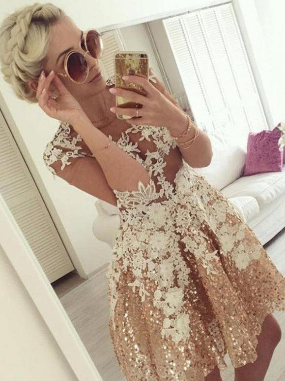 Gold Sequins Long Sleeve Homecoming Dresses Lace Short Prom Dress Party Dress JK632