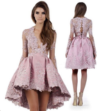 Long Sleeve High Low Homecoming Dresses Lace Short Prom Dress Party Dress JK678