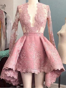 Long Sleeve High Low Homecoming Dresses Lace Short Prom Dress Party Dress JK678