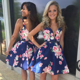 Cute Homecoming Dresses Straps A Line Floral Print Short Prom Dress Party Dress JK743
