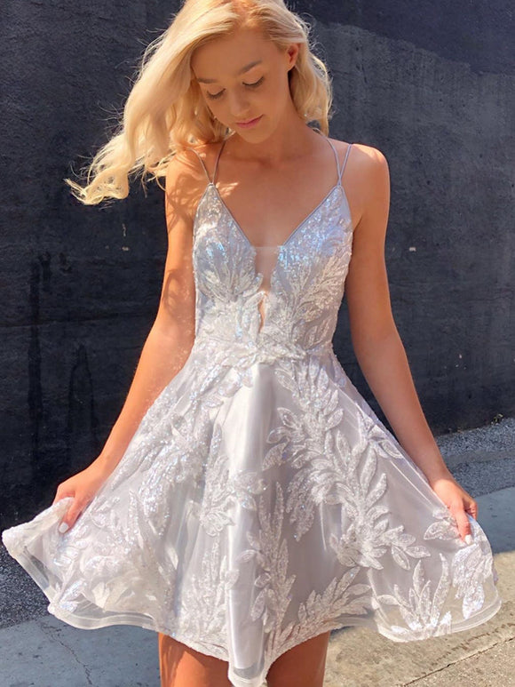 Silver V-Neck Luxury Beaded Satin Short Prom Dress Homecoming Dress JKS014